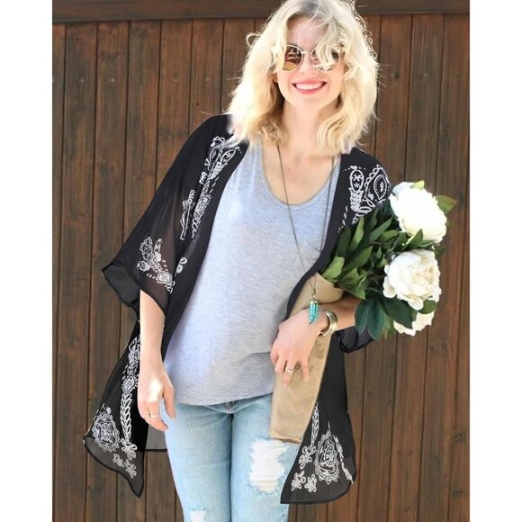 🆕Women Black Floral Kimono Cardigan Beach Cover-up Casual Jacket Polyester - Picture 2 of 6